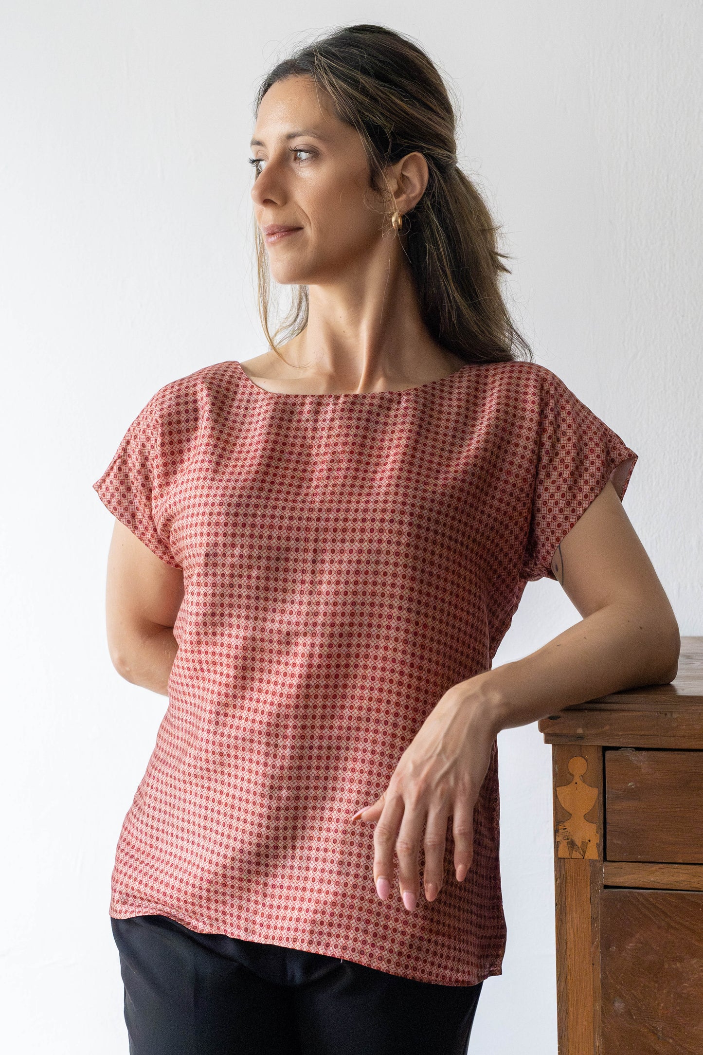 Short Sleeve Geometric Print Top in Luxurious Slub Silk