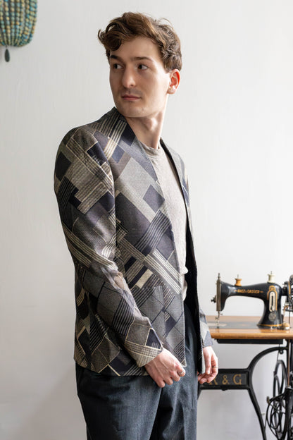 Unisex Lapel-Free Blazer in Pure Tussar Silk with Graphic Checks