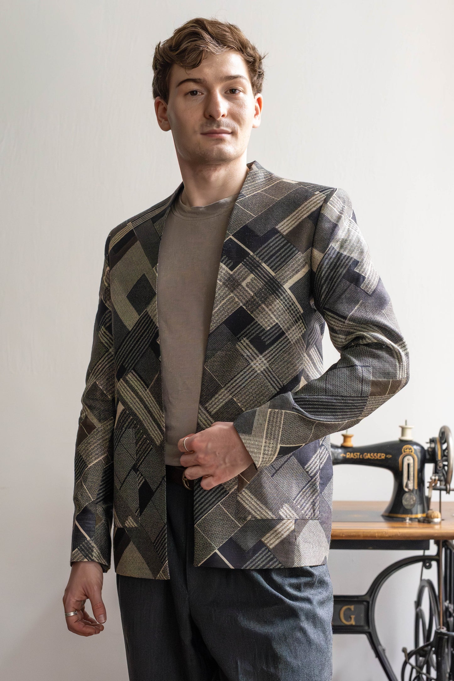Unisex Lapel-Free Blazer in Pure Tussar Silk with Graphic Checks