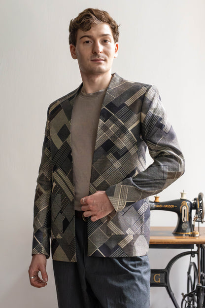 Unisex Lapel-Free Blazer in Pure Tussar Silk with Graphic Checks