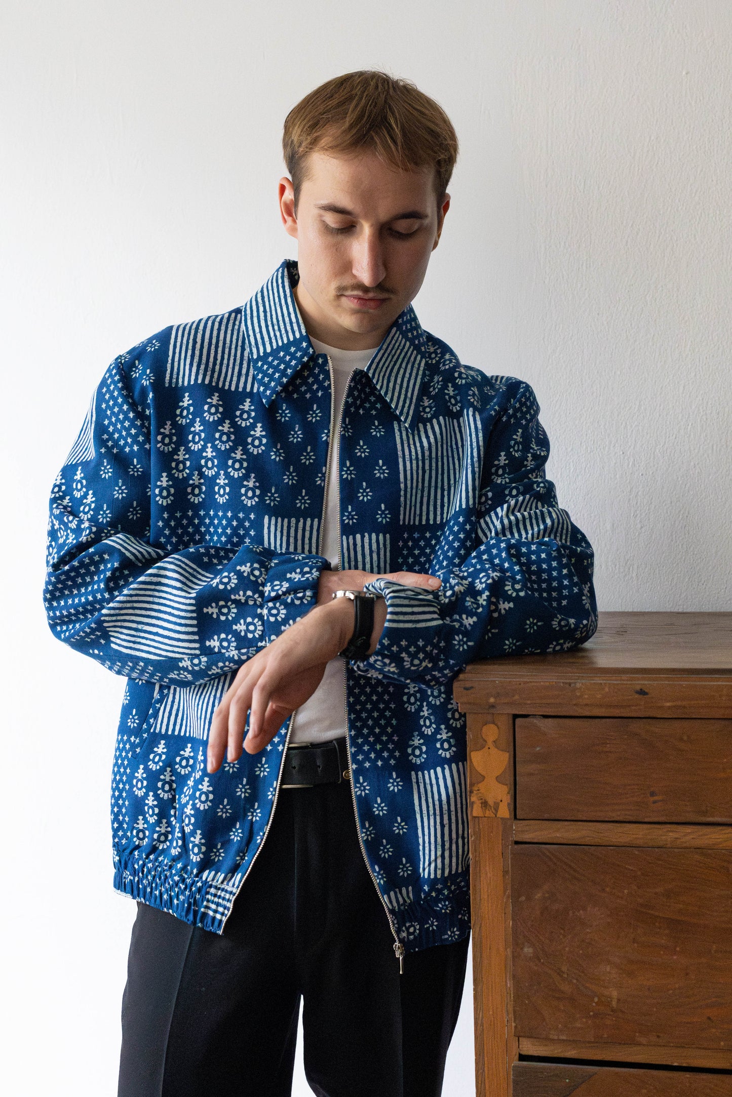 Indigo Handprinted Bomber Jacket