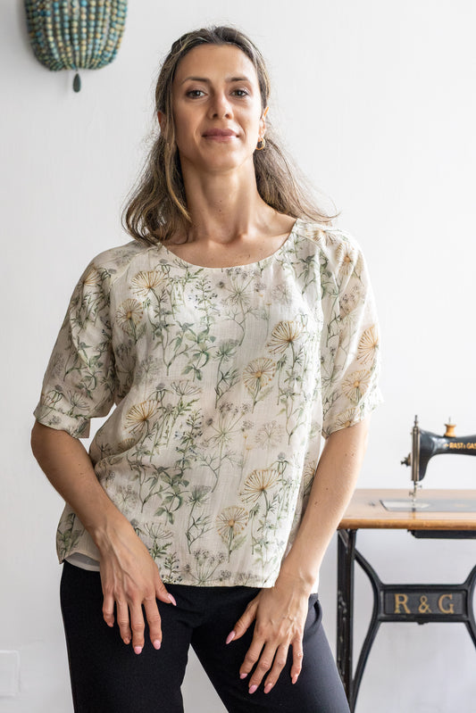 STOVARIA wild meadow linen top with calming florals and raglan sleeves