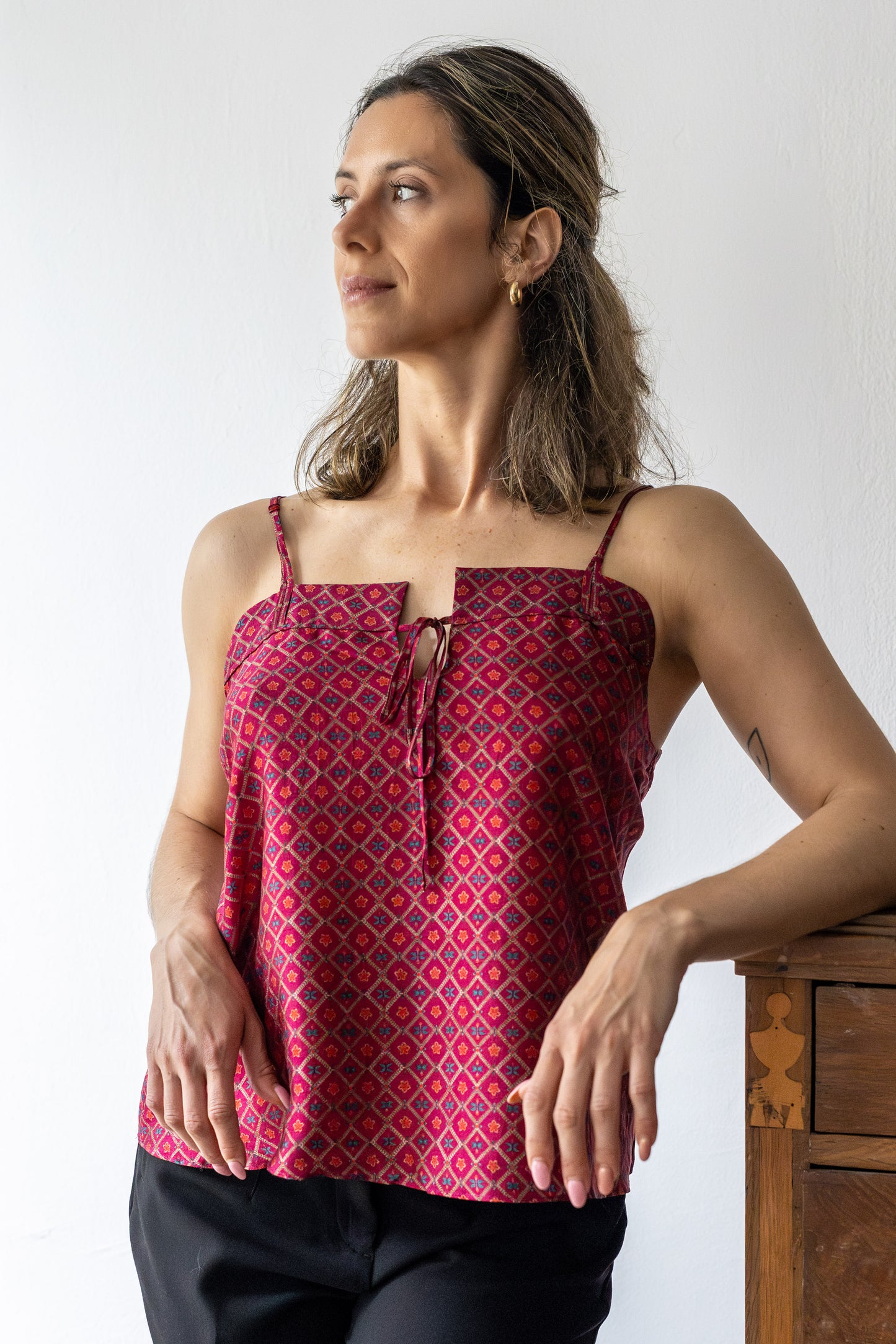 Geometric Strappy Top in Slub Silk with Sculpted Neckline