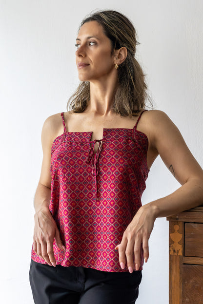 Geometric Strappy Top in Slub Silk with Sculpted Neckline