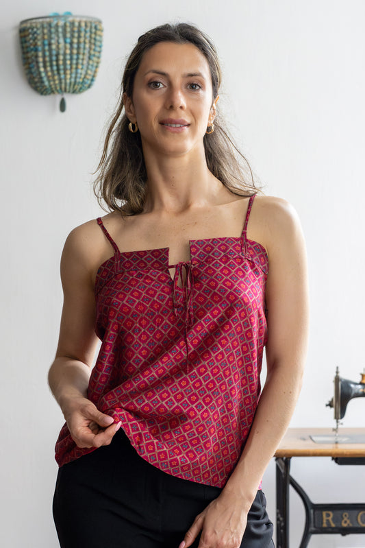 STOVARIA strappy geometric silk top in red and gold with sculpted neckline