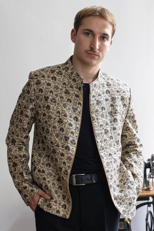 Model wearing Tussar silk zipper jacket with raw texture