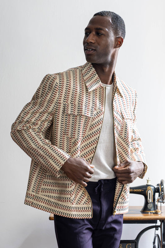 Chevron print cotton tailored jacket in cream and brown