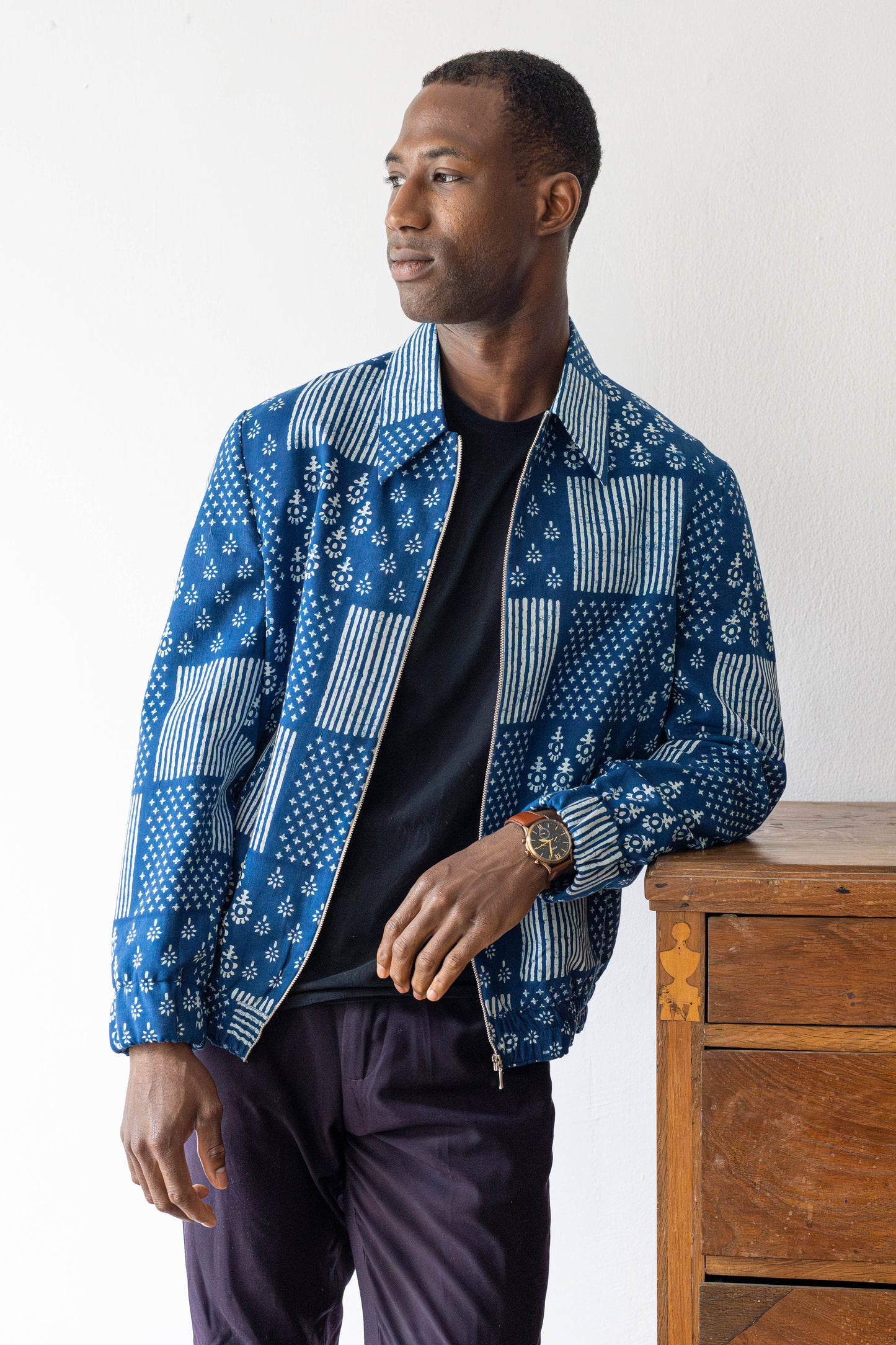 Indigo Handprinted Bomber Jacket