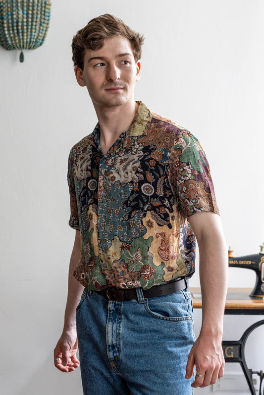 Heritage Patch Print Shirt in Pure crape silk with Camp Collar