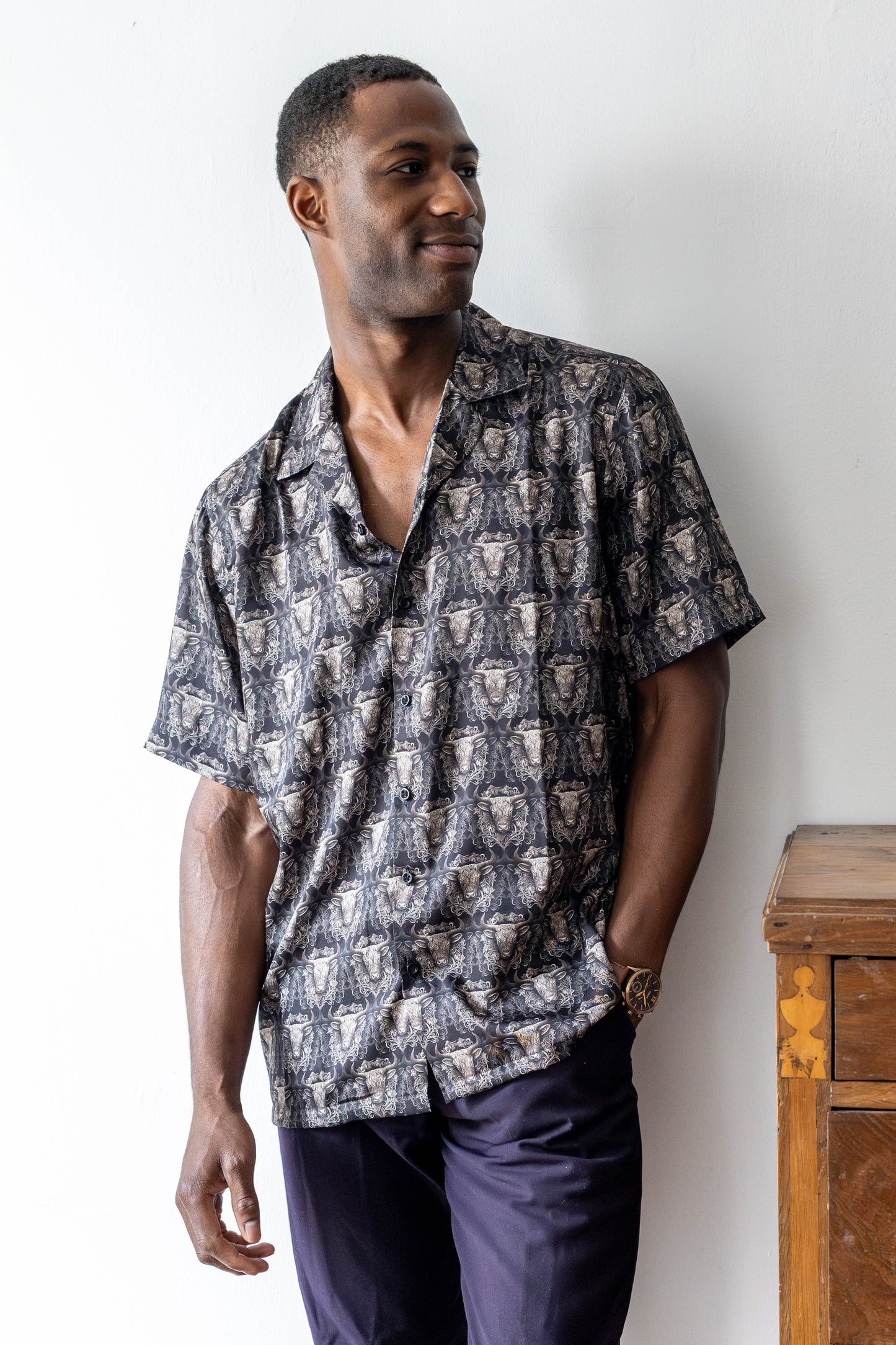 Twill Silk Shirt – Soft Black Baroque Bull Print Statement