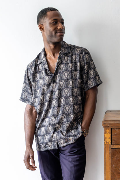Twill Silk Shirt – Soft Black Baroque Bull Print Statement