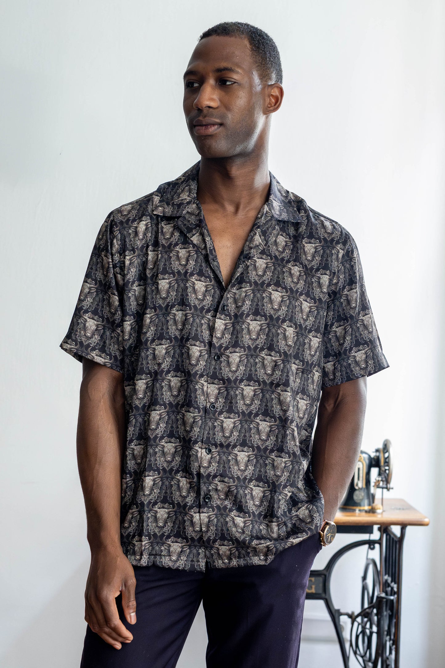 Twill Silk Shirt – Soft Black Baroque Bull Print Statement