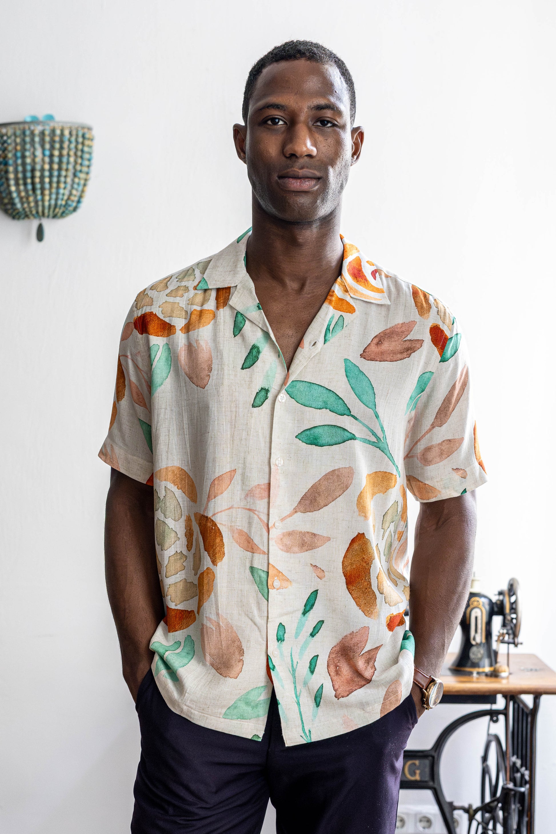 Camp collar shirt with watercolor leaf pattern in cotton linen