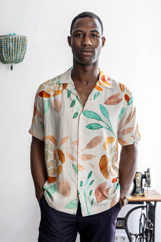 Camp collar shirt with watercolor leaf pattern in cotton linen