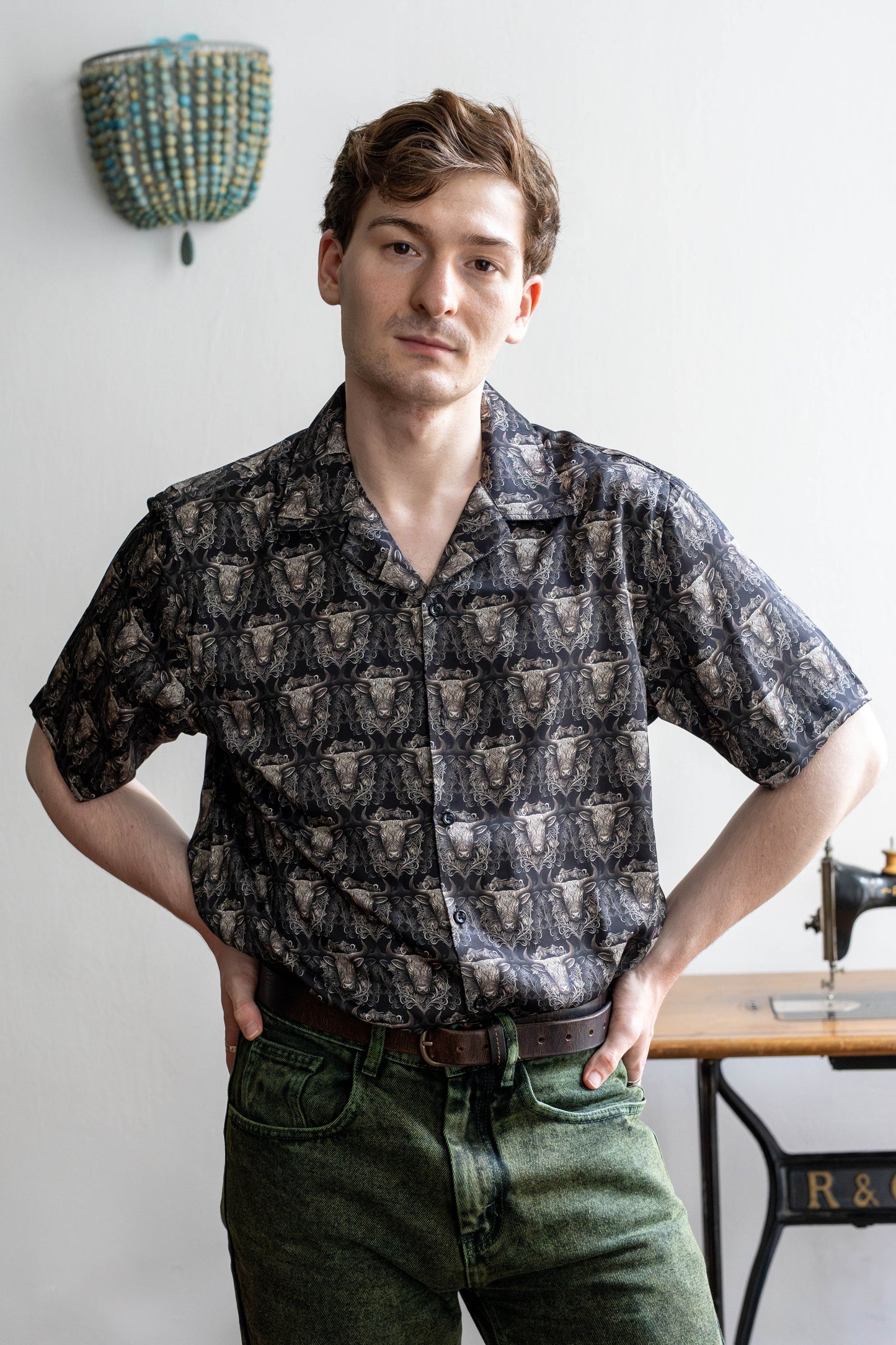 Twill silk shirt with baroque bull print in soft black