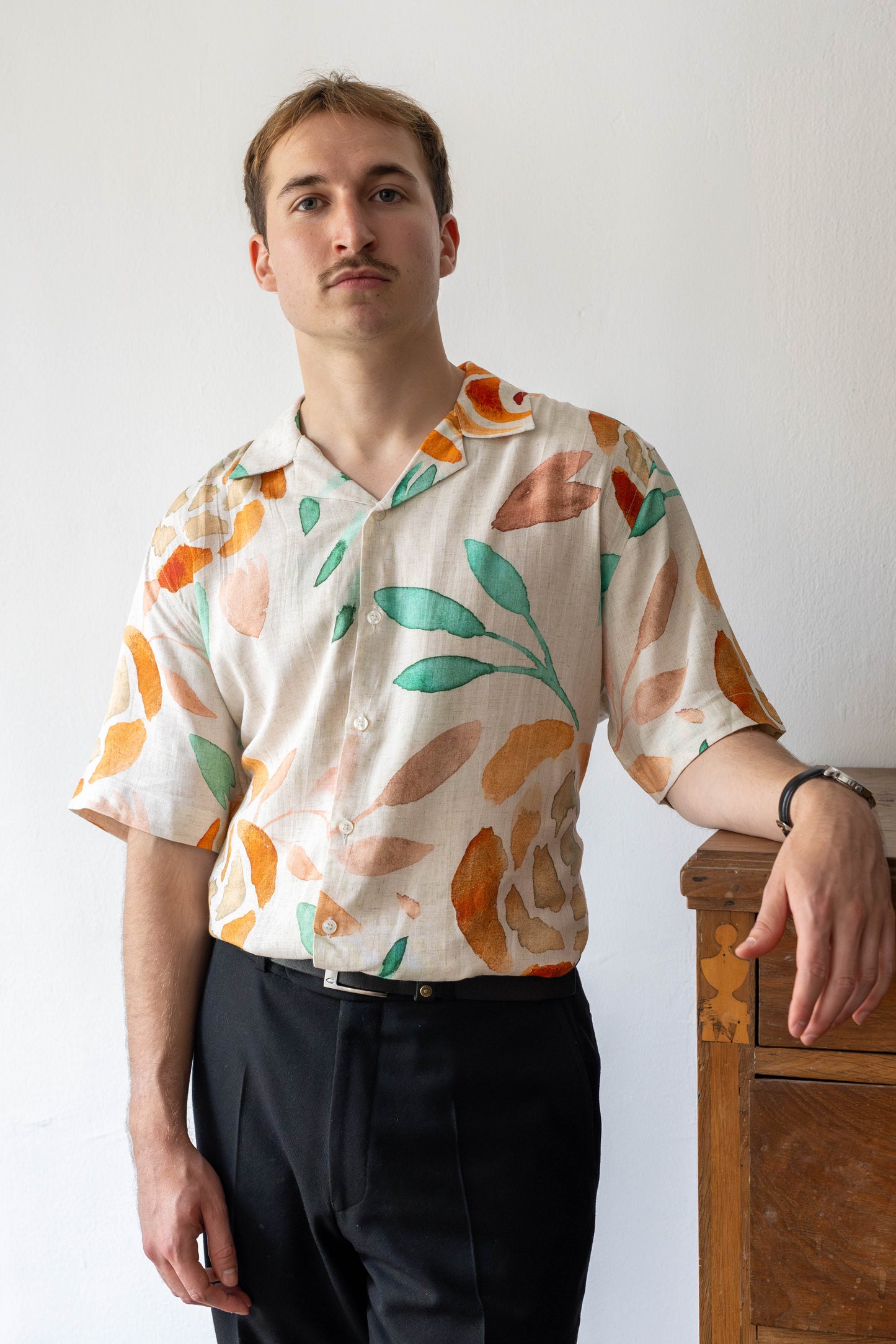 Pure Cotton Linen Camp Collar Shirt – Watercolor Leaf Print