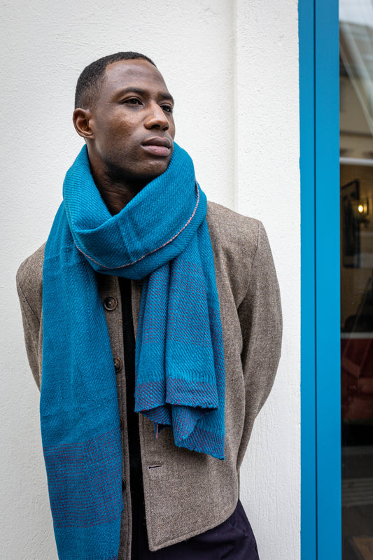 Handwoven 100% Yak Wool Blue Scarf | Lightweight Indigo Neck Wrap
