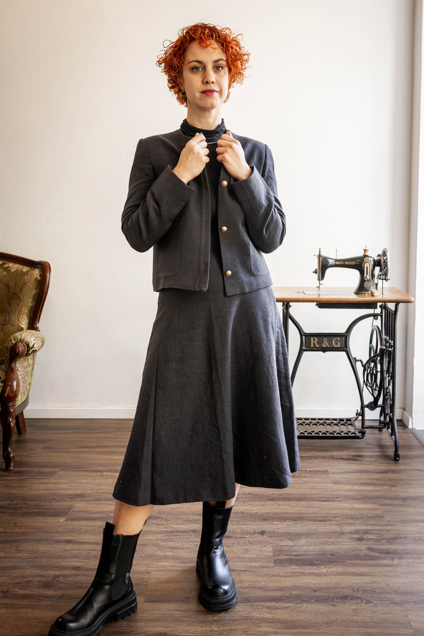 Merino Wool Skirt Suit | Handmade Black Two Piece Set | Winter Dress