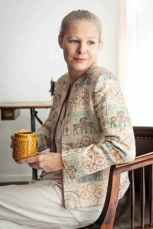 Model wearing handcrafted jute embroidery jacket with sculptural neckline – STOVARIA