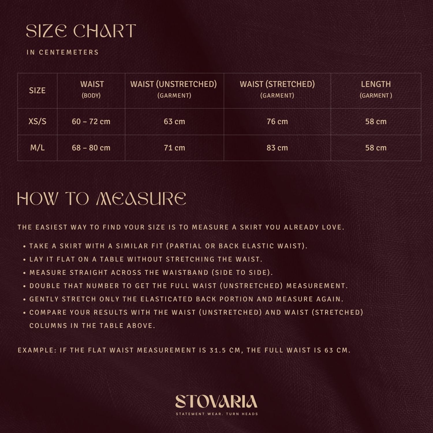 Size chart for Orange Peel Silk Knee Length Skirt