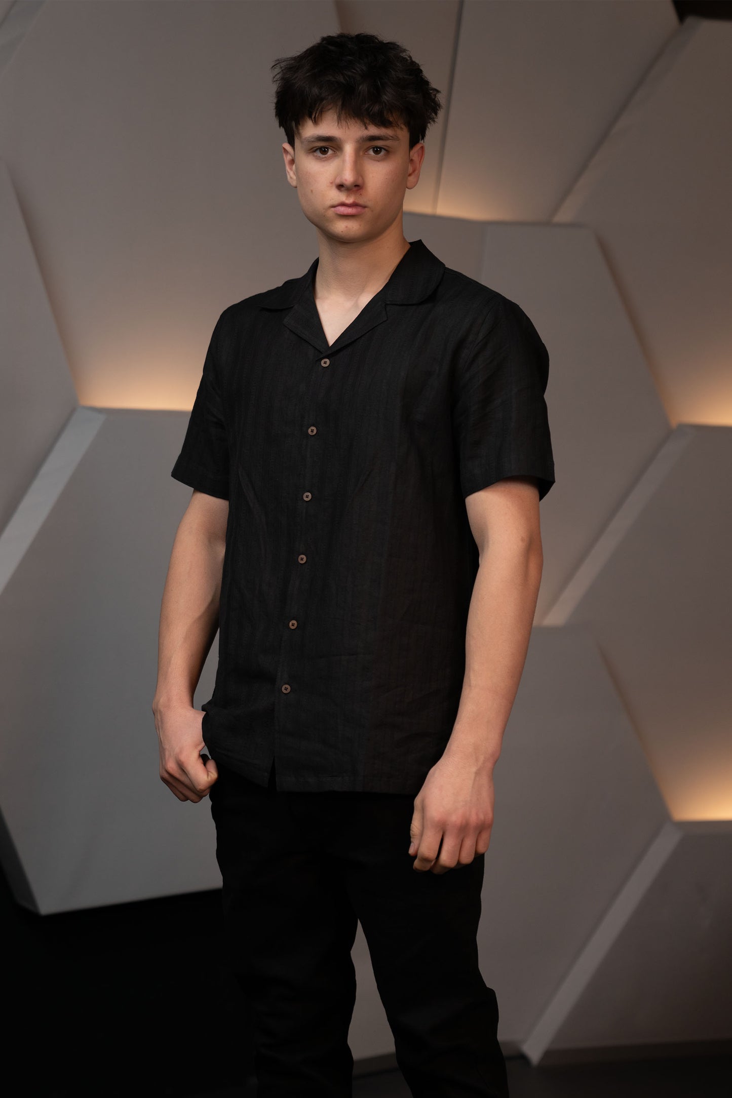 Handwoven Black Hemp Camp Collar Shirt