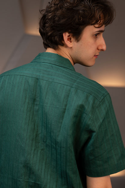 Handwoven Hemp Camp Collar Shirt in Forest Green