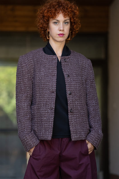 Handwoven Textured Wool Winter Jacket in Muted Burgundy