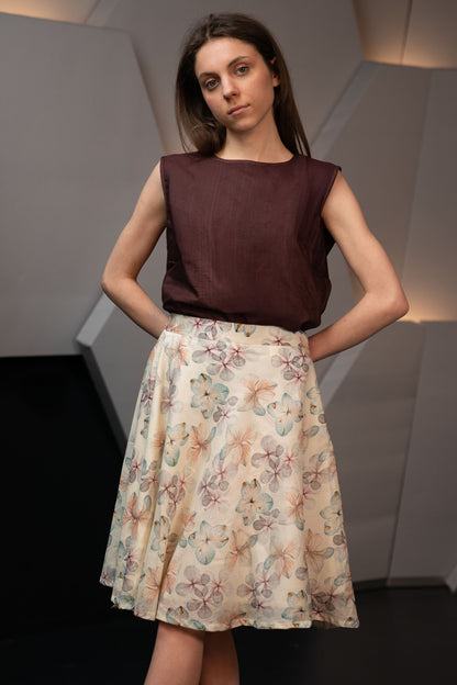 Cotton Silk Floral Knee Length Skirt