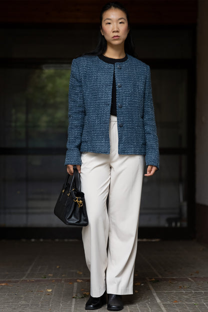 Handwoven Textured Wool Winter Jacket in Blue