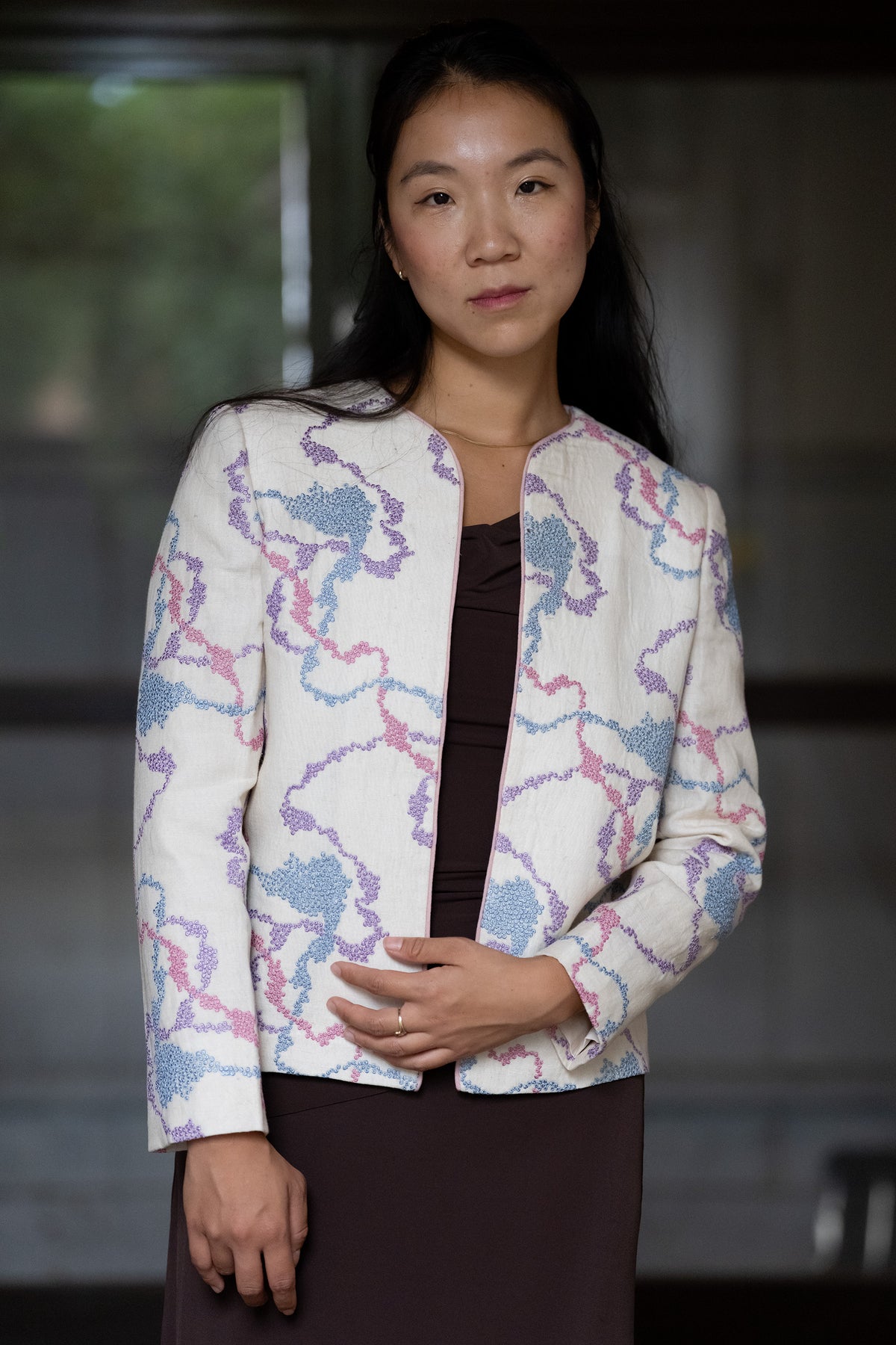 Pastel Embroidered Pure Linen Statement Jacket
