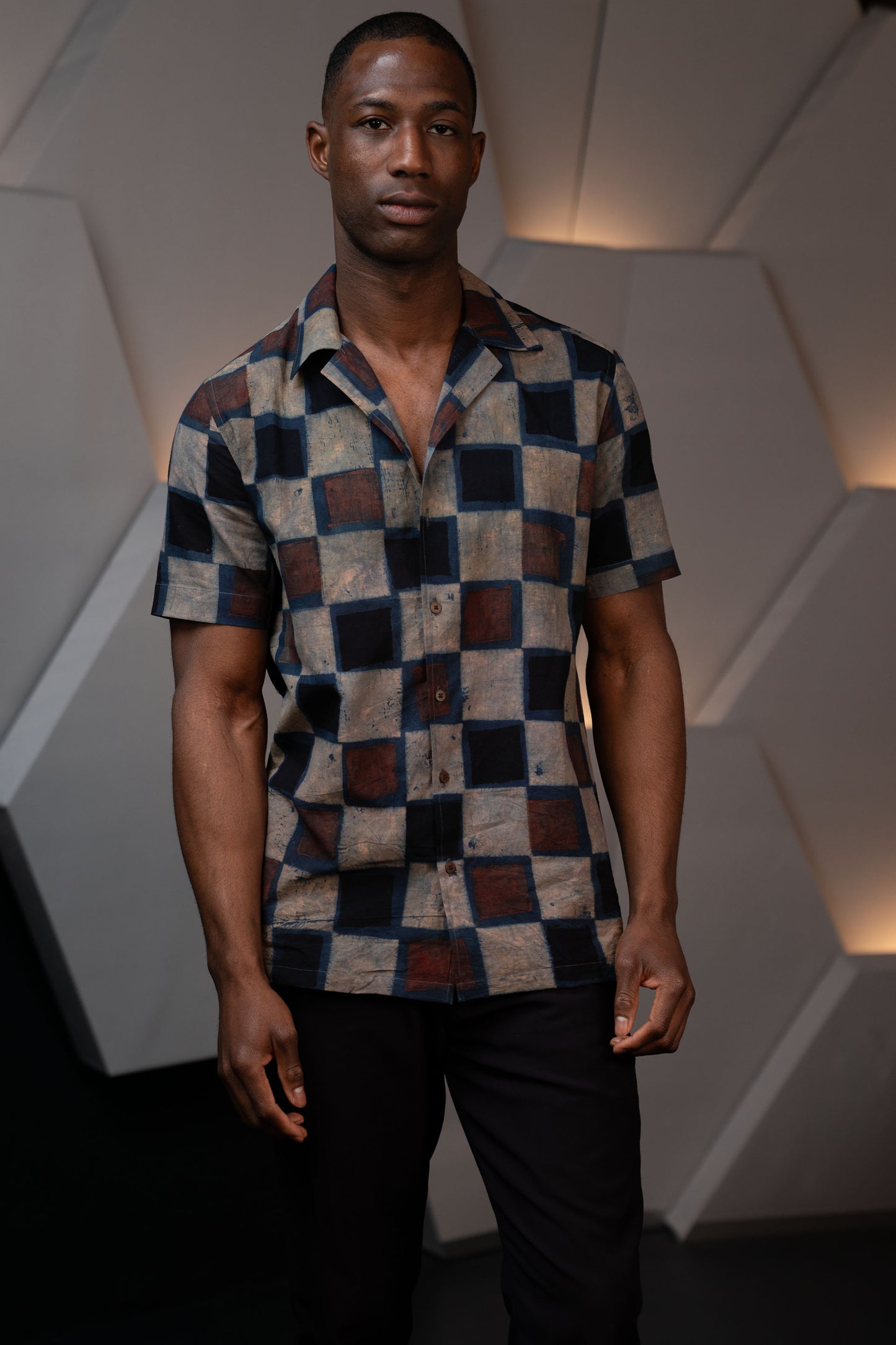 Camp Collar Half Sleeve Organic Cotton Shirt with Natural Dye Handblock Squares