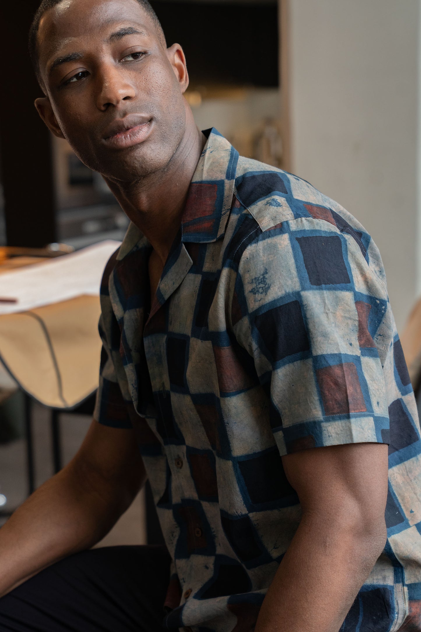 Camp Collar Half Sleeve Organic Cotton Shirt with Natural Dye Handblock Squares