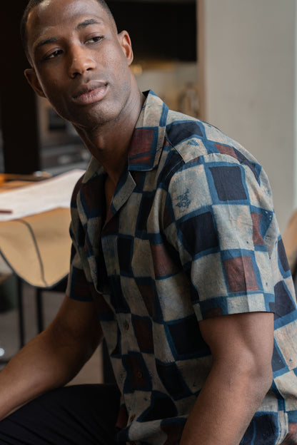 Camp Collar Half Sleeve Organic Cotton Shirt with Natural Dye Handblock Squares
