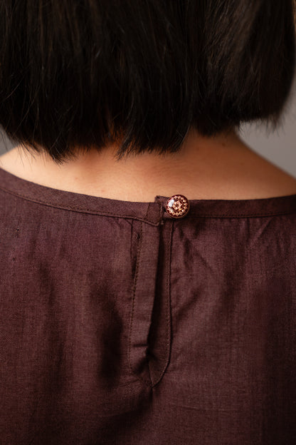 Silk Cotton Blend Elegant Relaxed Fit Blouse in Chocolate Brown