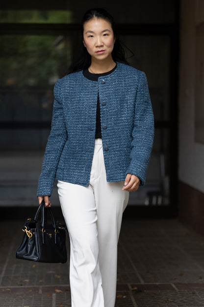Handwoven Textured Wool Winter Jacket in Blue