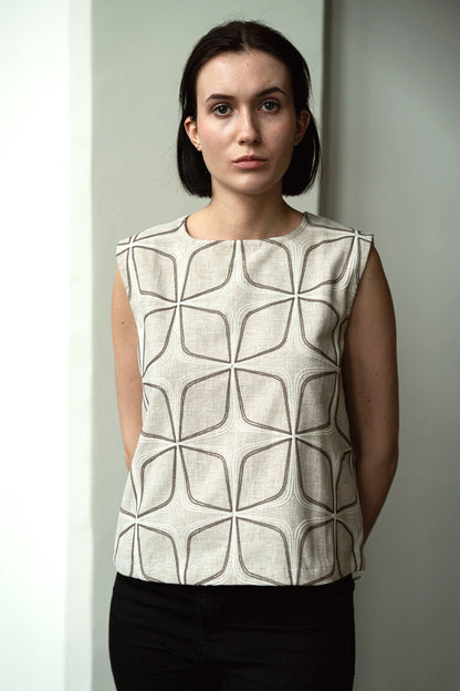Embroidered Linen Structured Sleeveless Statement Top