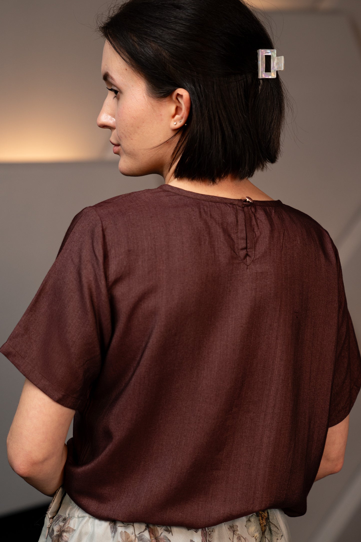 Silk Cotton Blend Elegant Relaxed Fit Blouse in Chocolate Brown