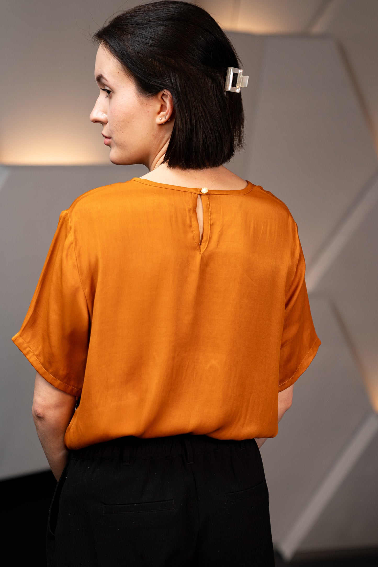 Pure Banana Silk Flowy Blouse In Sunset Orange