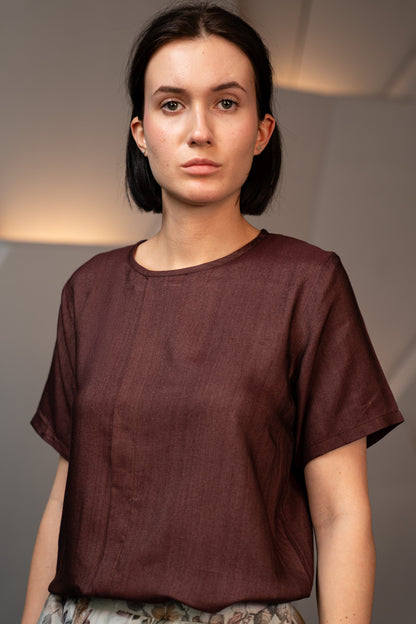 Silk Cotton Blend Elegant Relaxed Fit Blouse in Chocolate Brown