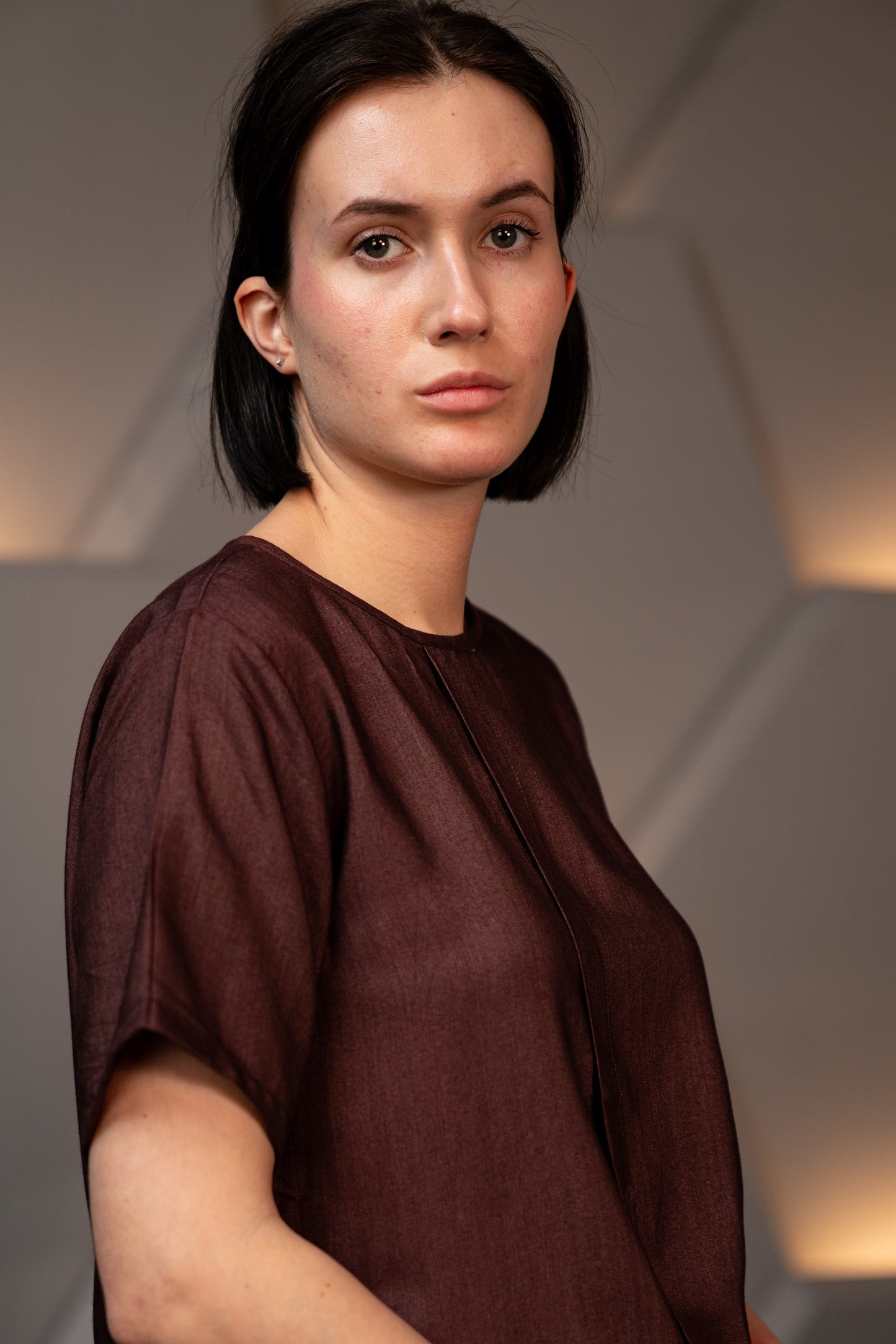 Silk Cotton Blend Elegant Relaxed Fit Blouse in Chocolate Brown