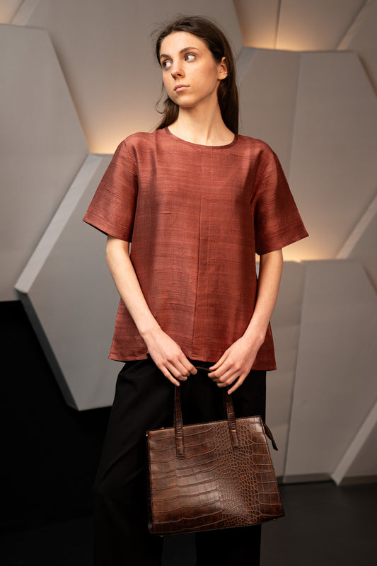 Pure Silk Mocha Brown Half Sleeve Blouse