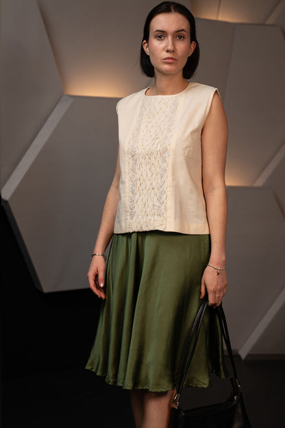 Moss Green Vegan Bamboo Silk Knee Length A Line Skirt