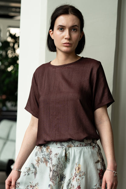 Silk Cotton Blend Elegant Relaxed Fit Blouse in Chocolate Brown