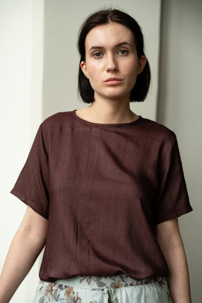 Silk Cotton Blend Elegant Relaxed Fit Blouse in Chocolate Brown