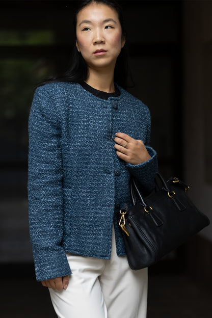 Handwoven Textured Wool Winter Jacket in Blue