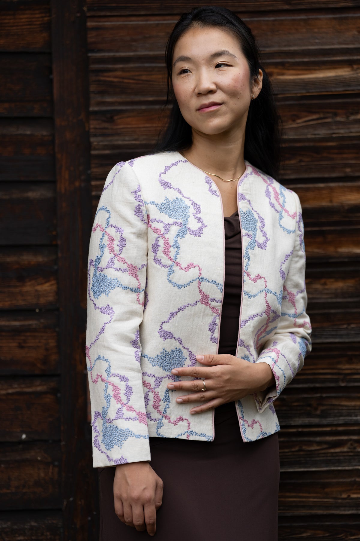Pastel Embroidered Pure Linen Statement Jacket