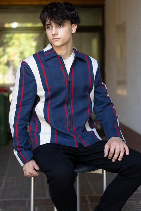 Navy & Red Stripe Pure Wool Zipper Jacket