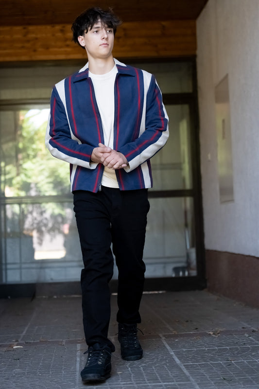 Navy & Red Stripe Pure Wool Zipper Jacket