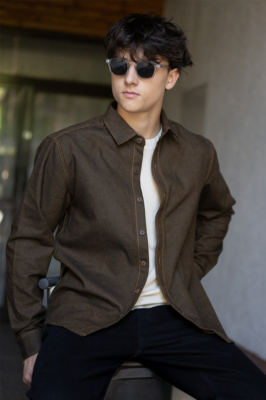 Sand Brown Handwoven Denim Cotton Shirt Jacket