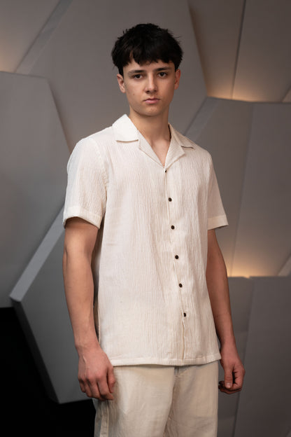 Camp Collar Half Sleeve Crushed Cotton Shirt in Off White